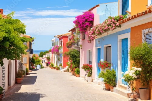 Colorful european cozy old street with colorful buildings and flowers