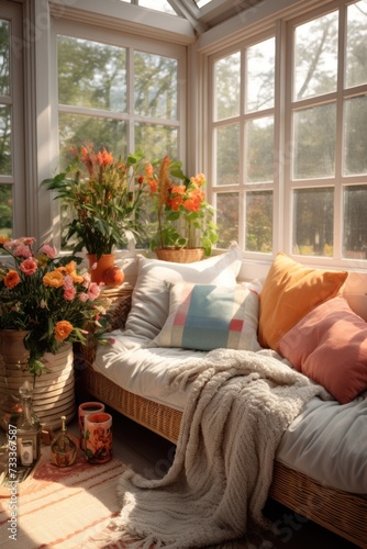 A cozy sun room with a comfortable couch and beautiful flowers. Perfect for relaxation and enjoying the sunlight. Can be used for home decor or interior design projects