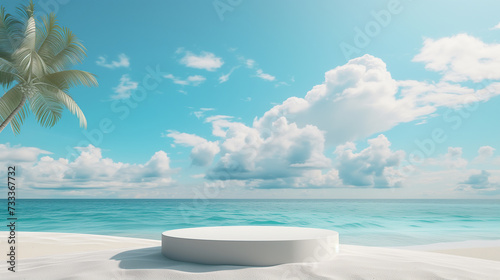 A simple, elegant white podium stands on pristine beach sands, set against a serene backdrop of a turquoise sea, fluffy clouds, and a lone palm tree.