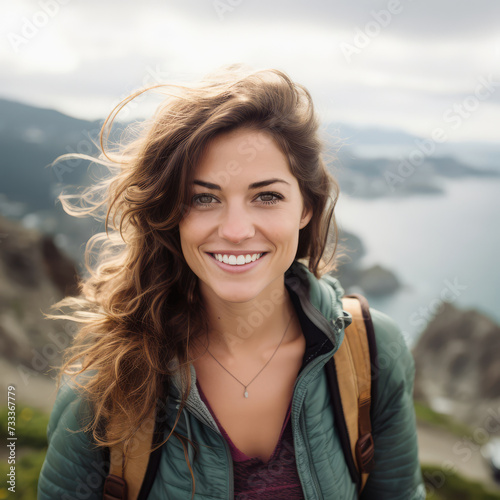 Portrait of a smiling adventurer woman with her backpack on a background of nature landscape. Concept of trekking, camping, jogging, adventure, freedom, woman power, hobby