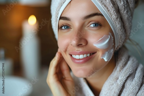 A glowing woman with a towel-wrapped head and a cream-masked face smiles confidently, her flawless skin highlighted by defined eyebrows and long eyelashes, exuding beauty and self-care in an indoor p photo