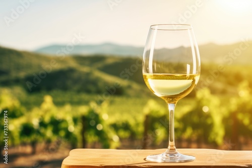 Wine glass with white wine and vineyard landscape.