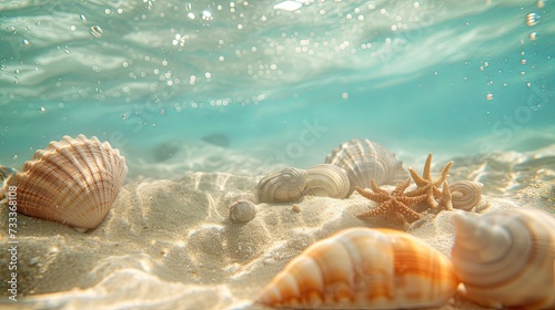 Sea bottom with sand starfish seashell underwater wallpaper background