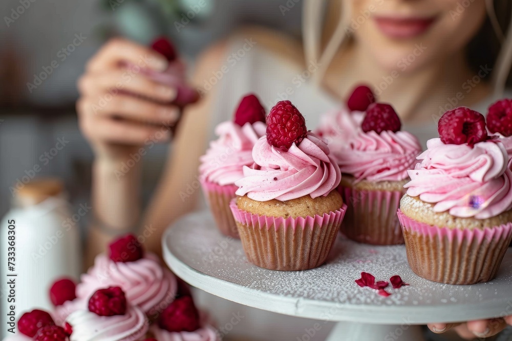 A woman's hands delicately display a tray of freshly baked cupcakes, adorned with swirls of creamy buttercream and vibrant hues of royal icing, evoking a sense of warmth and nostalgia for sweet treat
