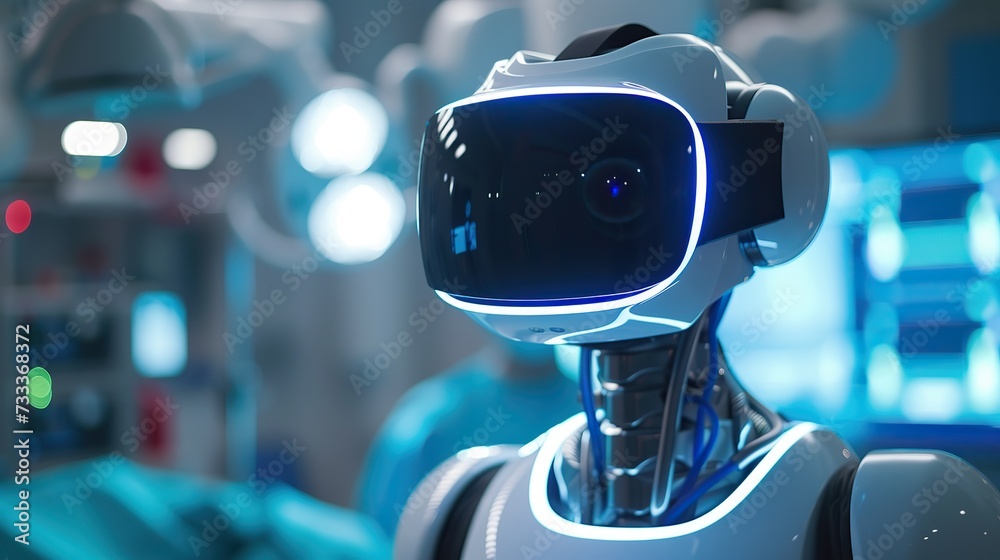 A futuristic AI robot equipped with a virtual reality headset, situated within a high-tech laboratory setting.