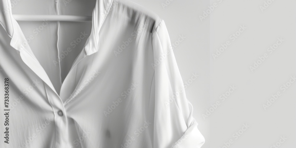 A white shirt hanging on a hanger. Can be used for fashion, clothing, or laundry concepts A white shirt hanging on a hanger. Can be used for fashion, clothing, or laundry concepts