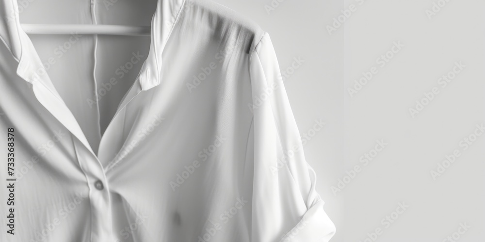 A white shirt hanging on a hanger. Can be used for fashion, clothing, or laundry concepts