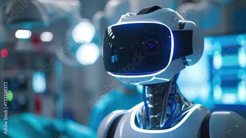 A futuristic AI robot equipped with a virtual reality headset, situated within a high-tech laboratory setting.