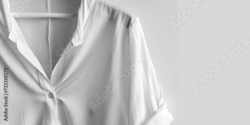 A white shirt hanging on a hanger. Can be used for fashion, clothing, or laundry concepts
