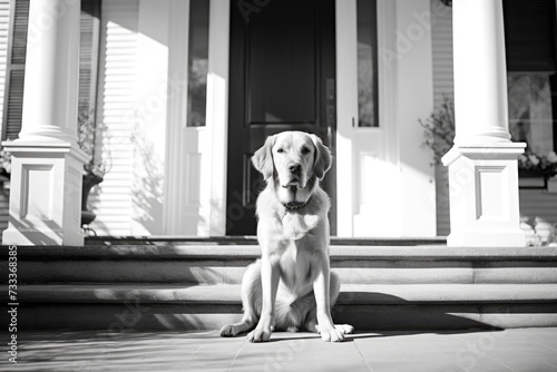 A dog sitting on the steps of a house. Suitable for home-related themes