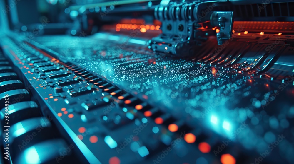 A close-up view of a computer circuit board, with a focus on glowing lights and intricate electronic components. A close-up view of a computer circuit board, with a focus on glowing lights and intricate electronic components.