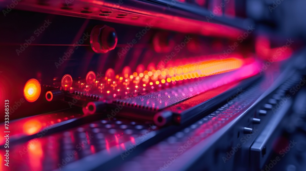 A macro shot of a server rack with red glowing fiber optic cables highlighting data transmission and network connectivity. A macro shot of a server rack with red glowing fiber optic cables highlighting data transmission and network connectivity.