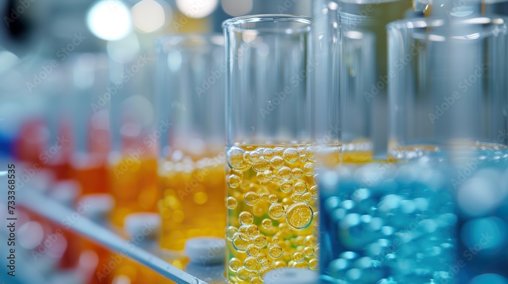 Vibrant test tubes filled with bubbling liquid showcased in a scientific research laboratory setting.