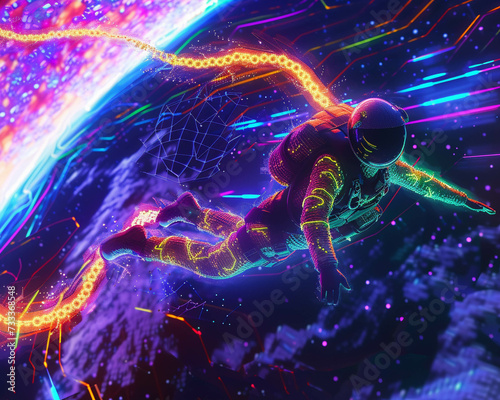 A skydiver navigating through a neon-lit pixel art solar system DNA trail behind