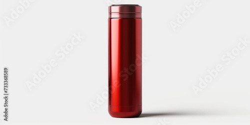 A red thermos bottle sitting on a clean white surface. Versatile and practical, this image can be used to illustrate concepts such as hydration, travel, outdoor activities, and more