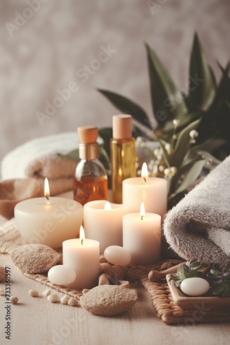 A bunch of candles placed on top of a table. Suitable for creating a cozy and warm atmosphere in various settings