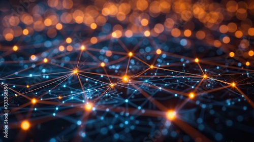 Digital abstract image of a network with glowing nodes and connections symbolizing connectivity and data technology.