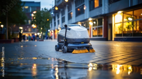 Futuristic robot cleaner on a city street, vacuum and mop the floor photo
