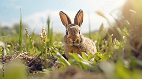 A rabbit sitting in the middle of a field. Suitable for nature or animal-related designs © Fotograf