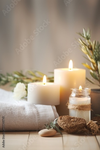 A table with candles and towels placed next to a potted plant. Perfect for home decor or spa-related themes