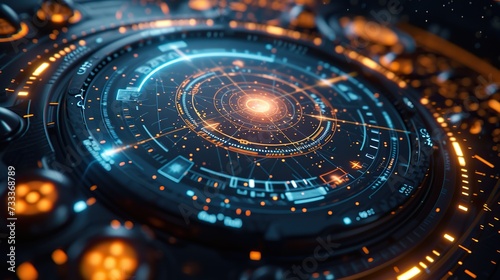 This image captures an advanced circular interface with intricate designs and a brightly illuminated center, reminiscent of sophisticated technology or a sci-fi control panel.