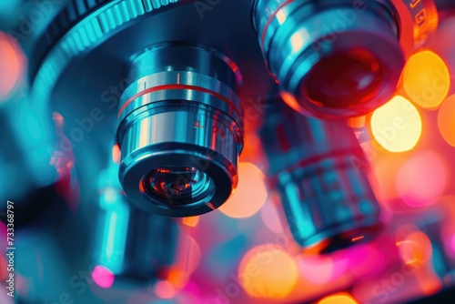 A close-up view of a microscope with bright lights in the background. Perfect for scientific research and laboratory themes