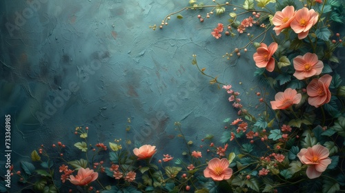 Obraz różowych kwiatów na niebieskim tle