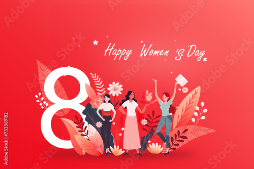  International Women's Day concept with happy multinational diverse women celebrate womens day. Struggling for freedom, independence, equality. Flat style vector illustration