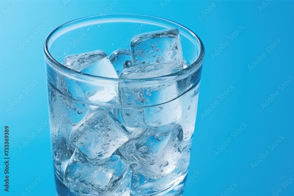Refreshing ice cubes in clear water on blue background. Refreshing ice cubes in clear water on blue background.