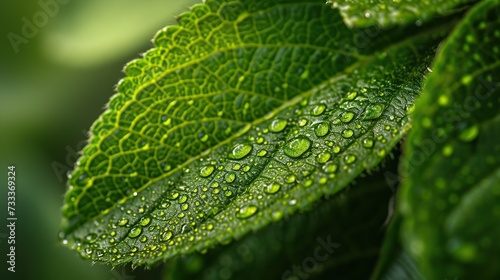 Dew drops glisten on the surface of a lush green leaf, captured in a stunning display of the plant's natural vein structure.