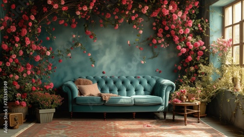 Kanapa przed błękitnym ścianą pokrytą kwiatami
