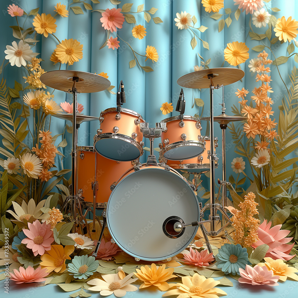 Buntes Schlagzeug im Hippie Flower Power Stil wunderschönen Design, ai generativ - obrazy, fototapety, plakaty 