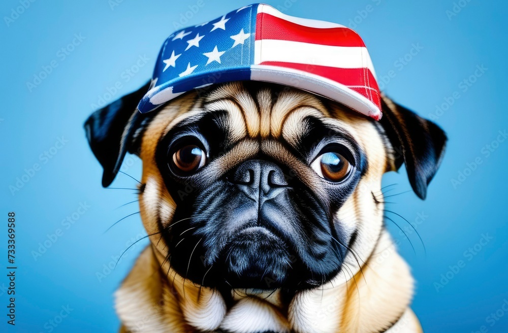 Patriotic American pet dog wearing hat colors of American flag blue background. 4th of July American Independence Day.