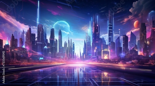 A futuristic cityscape with holographic displays and vibrant neon lights