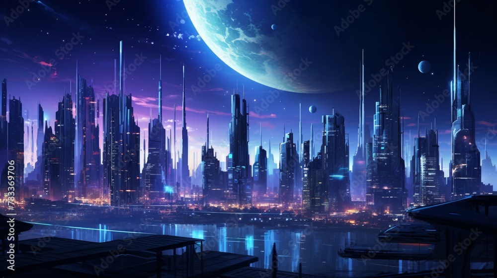A futuristic cityscape with neon-lit skyscrapers piercing the night sky.