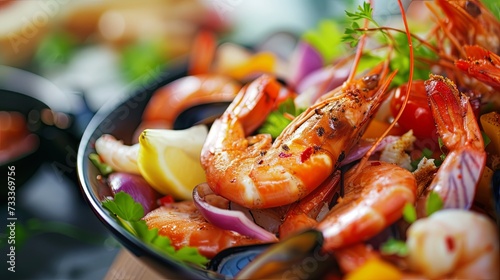 Shrimp seafood dish cooked close up wallpaper background