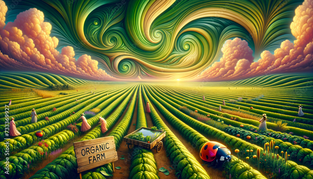 Whimsical Organic Farm: Golden Hour Bliss with Lush Crops, Charming Sign, and Giant Ladybug