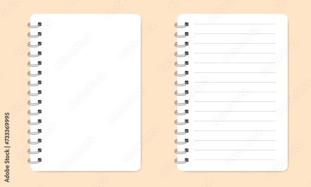 Mockup of a notebook with spiral. Shiny metal binder clip. Mockup of a small book, diary, notepad. Copybook with lined notepaper. White sheets of paper with black lines Mockup of a notebook with spiral. Shiny metal binder clip. Mockup of a small book, diary, notepad. Copybook with lined notepaper. White sheets of paper with black lines