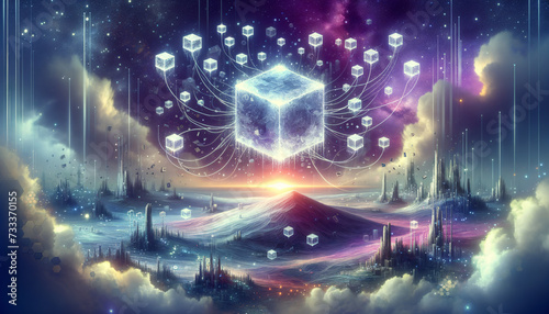 Surreal Blockchain Nexus with Glowing Geometric Structure and Ethereal Chains.