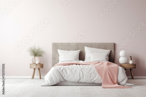 Double bed isolated against a white wall, pastel pink pillows and bedding