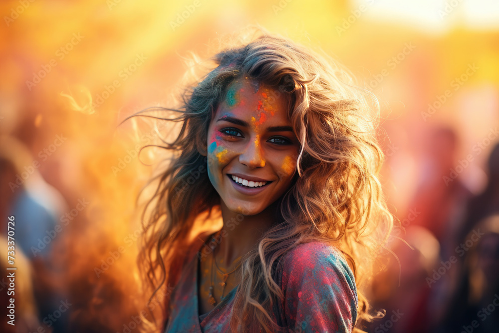 Happy Woman with colorful face enjoy at holi color festival, There is empty space for text on the top of the photo,