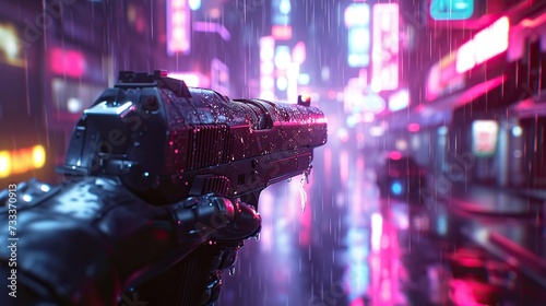 A detailed cyberpunk gun gleaming with raindrops, held up in a neon-lit, rain-soaked city at night.