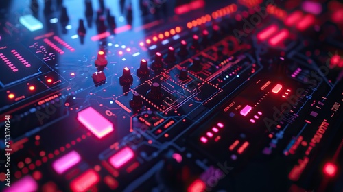 Close-up of an electronic circuit board with a complex array of red and blue lights, showcasing modern technology.