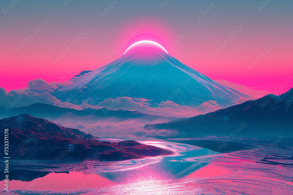 Beautiful lake and fuji mountain with pink and blue tones sunset background