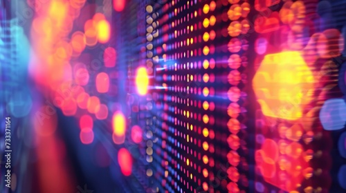 This image captures a mesmerizing abstract pattern of bokeh lights, evoking a sense of digital data flow or network connectivity.