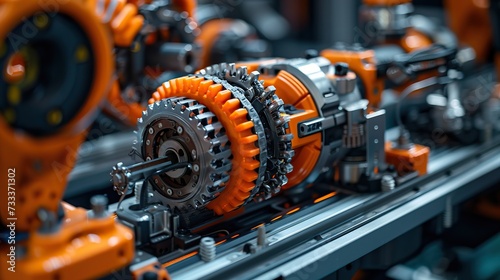 A detailed view of a precise gear assembly in an industrial automation setting, featuring orange machinery parts.