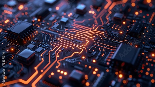 Detailed view of a complex circuit board featuring microchips and glowing red electrical connections, showcasing advanced electronic design.