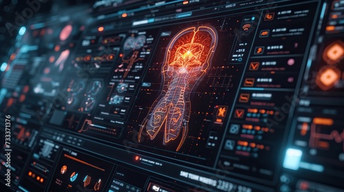 Futuristic interface displaying a detailed human anatomy scan with neural connections and physiological data, illustrating advanced medical technology.