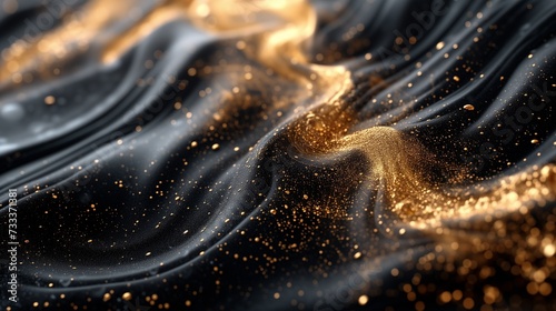 A fusion of moonlit ivory and opulent gold dispersing in water, crafting a luminous and captivating abstract tableau against a background of profound cosmic black. 