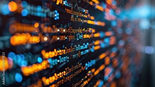 Focused image of dynamic programming code on a computer monitor with a bokeh effect highlighting software development and coding. photo